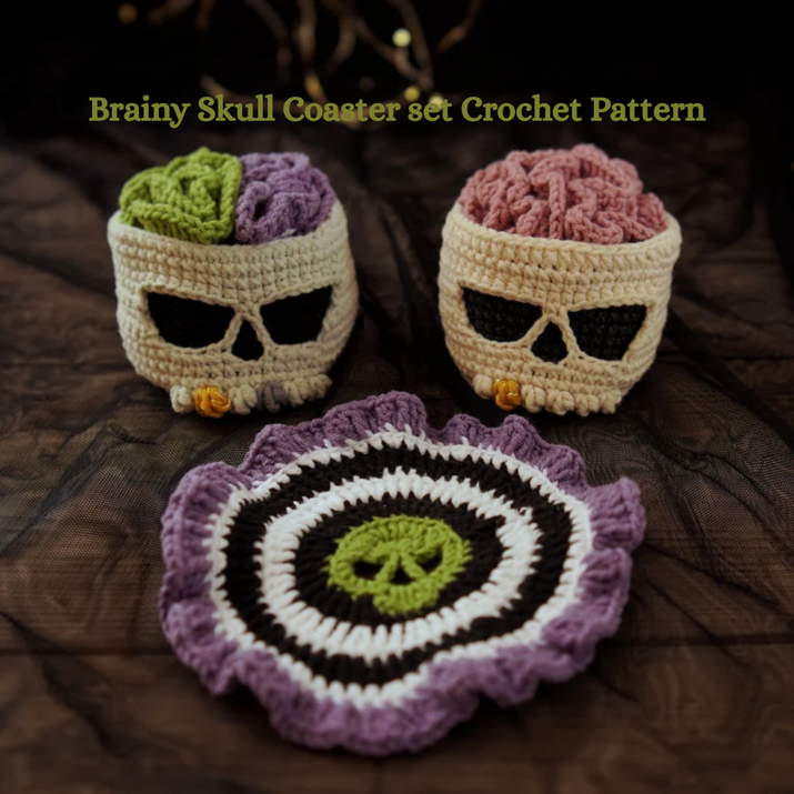 Halloween Decor, crochet coasters Brainy Skull Coaster set Crochet Pattern